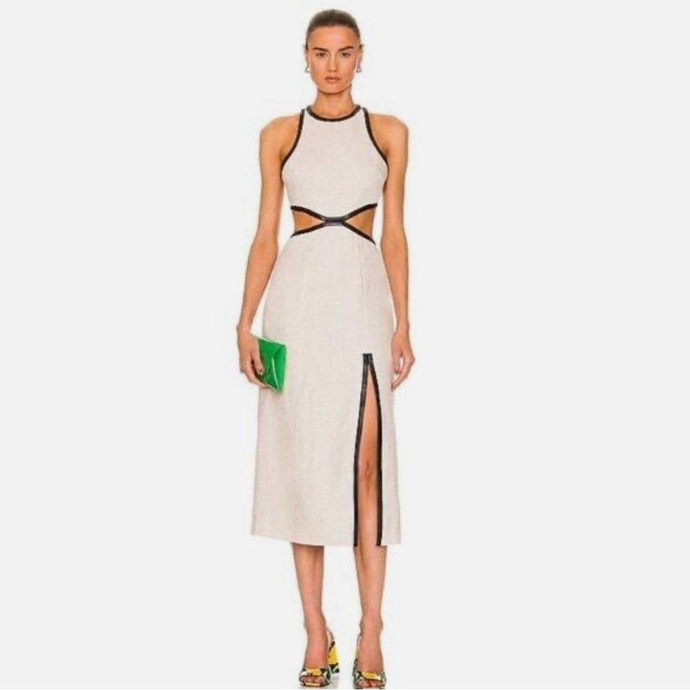 Staud | Delmore Dress Linen with Leather Trim | Size 10
